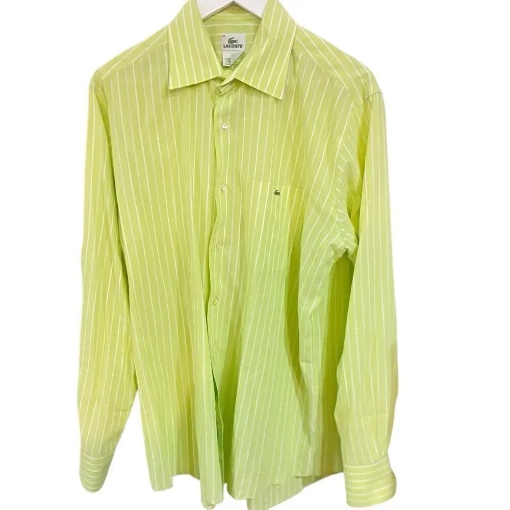 Lacoste long sleeve striped collared button down dress shirt yellow white 42= La